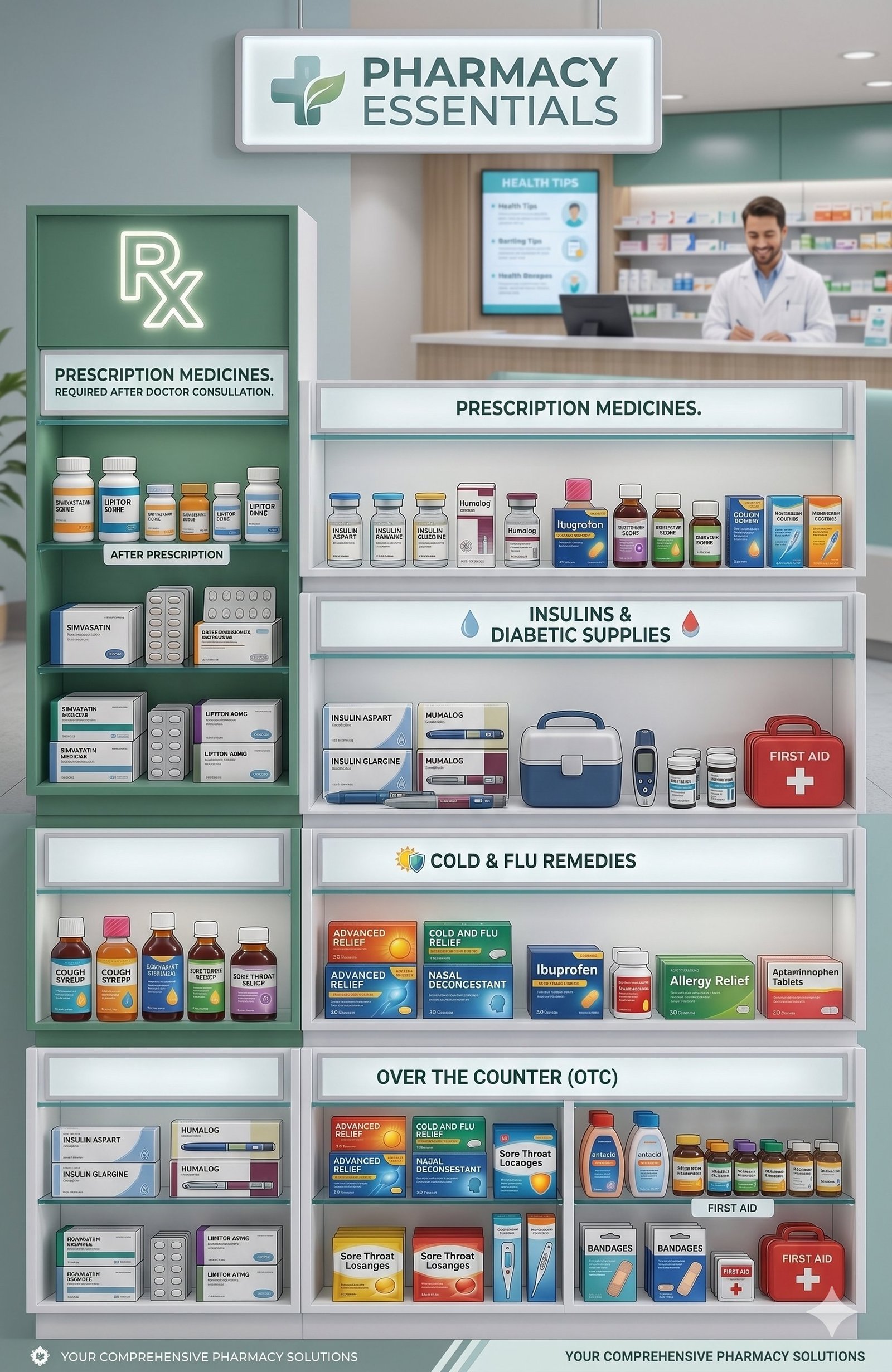 Pharmacy essentials at Ramdev Medical — prescription medicines, insulins, cold & flu remedies, and over-the-counter products